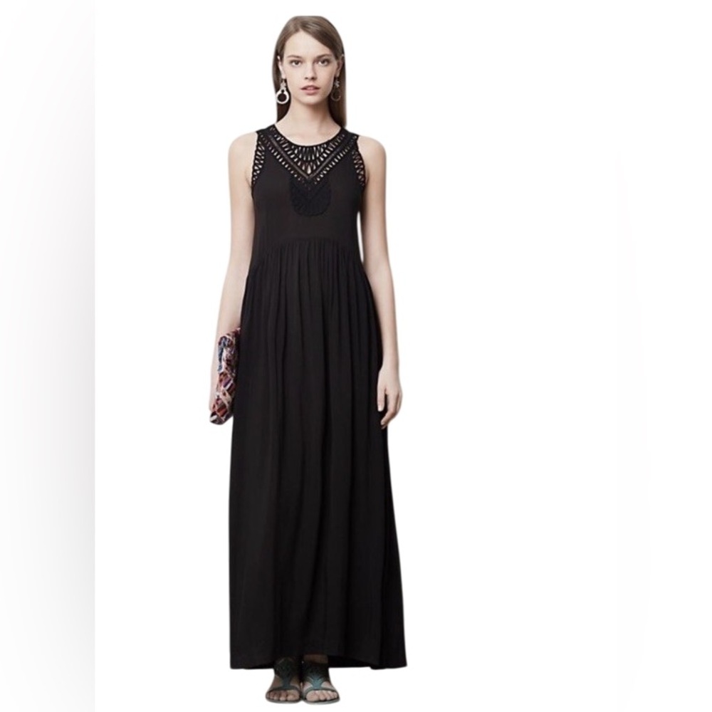 Mermaid x Anthropologie Macrame Black Maxi Dress Sz M Boho Beachy Cottage Resort